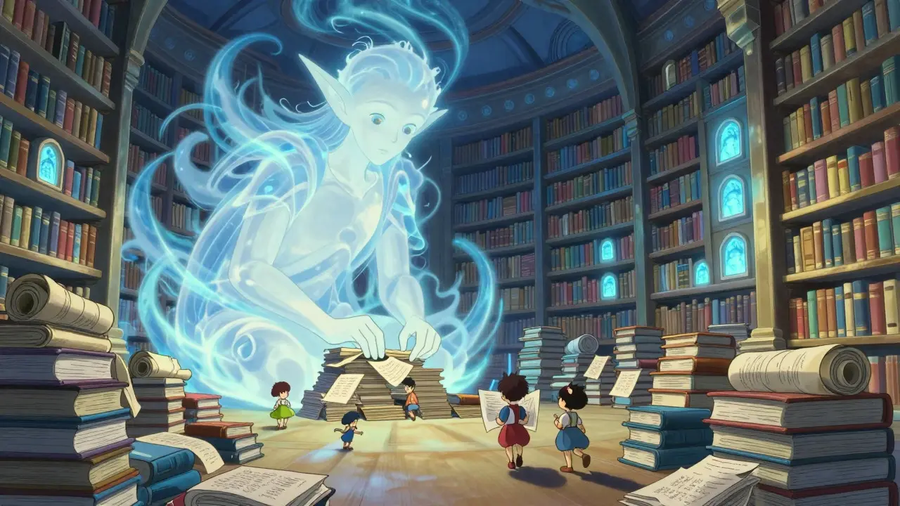 Anime illustration of a spirit overseeing glowing archives, symbolizing secure blockchain settlement.