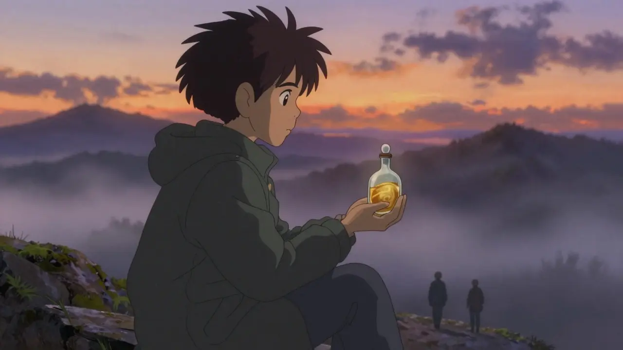 Anime portrait of a person holding a glowing vial while overlooking a misty, dramatic digital landscape
