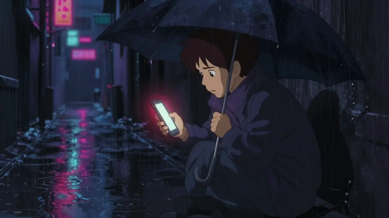 Anime-style figure hiding in a rainy alley, checking a phone with a red glow.