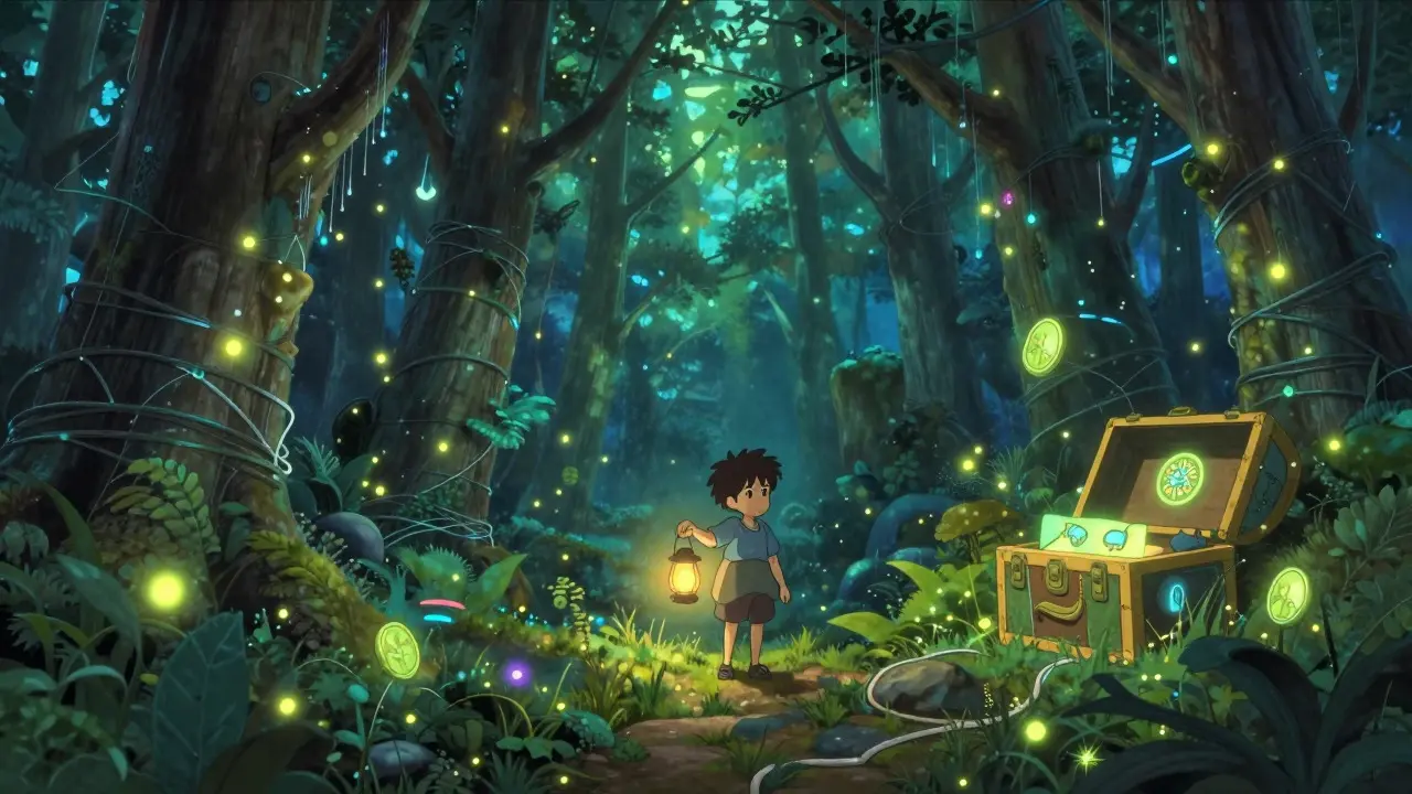 Character exploring a magical digital forest for tokens