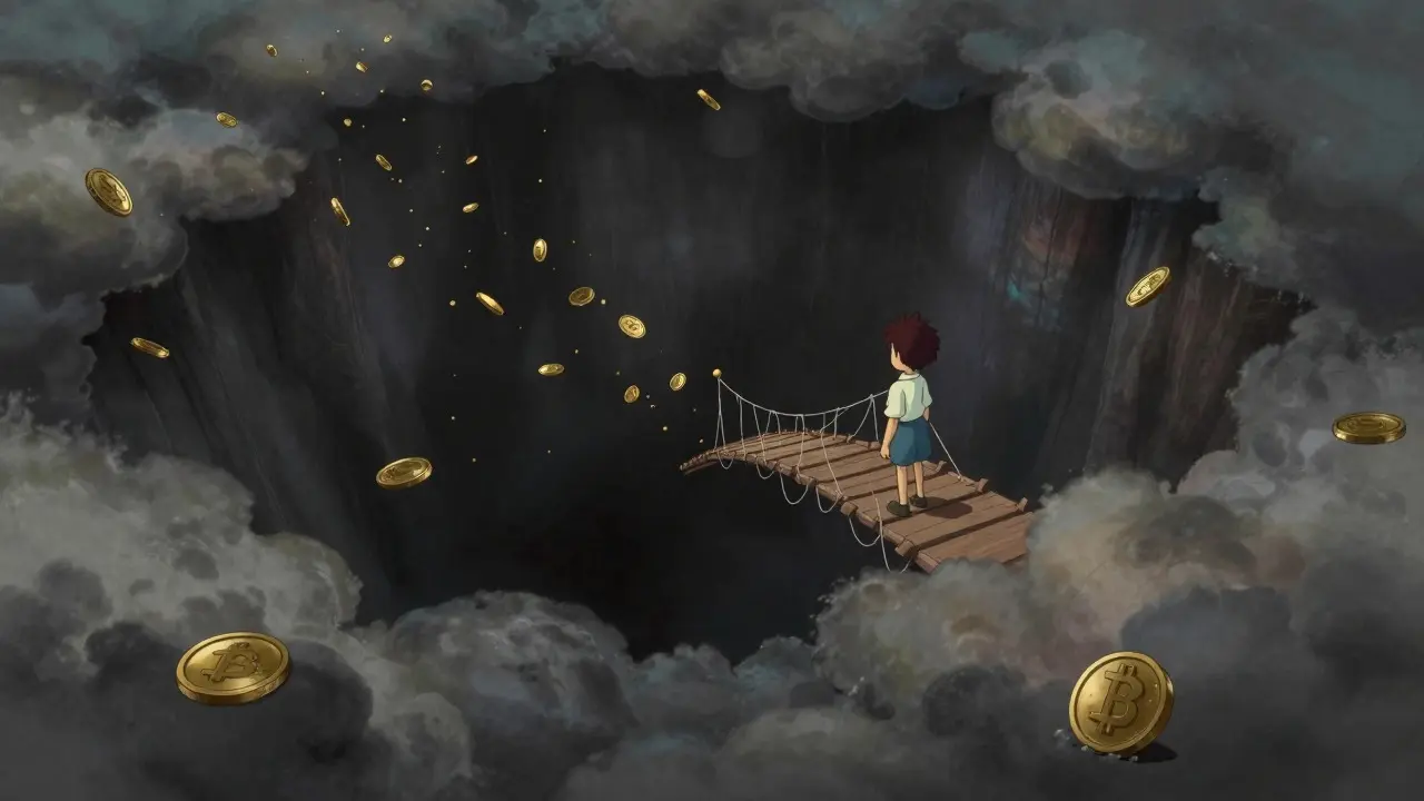 Character facing a void of drifting coins, illustrating crypto risk.