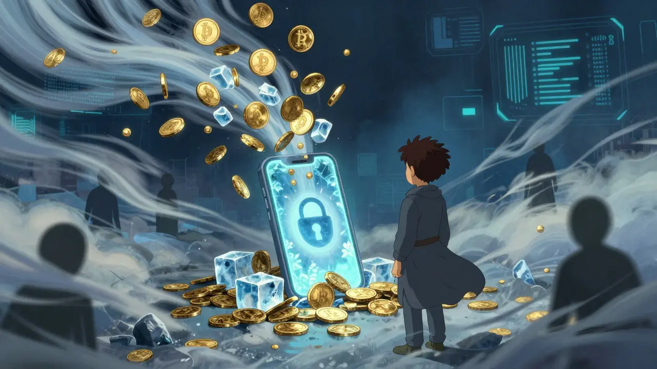 Character facing frozen digital assets, illustrating the impact of Tether freezes and sanctions.