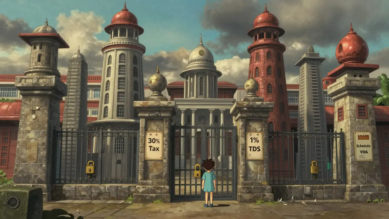 Character overwhelmed by towering regulatory gates in Studio Ghibli style