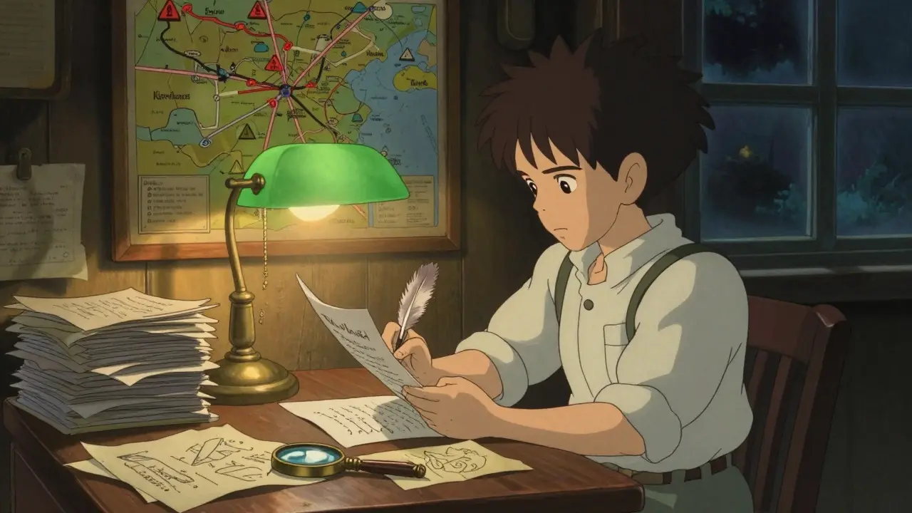 Character researching crypto project in cozy room