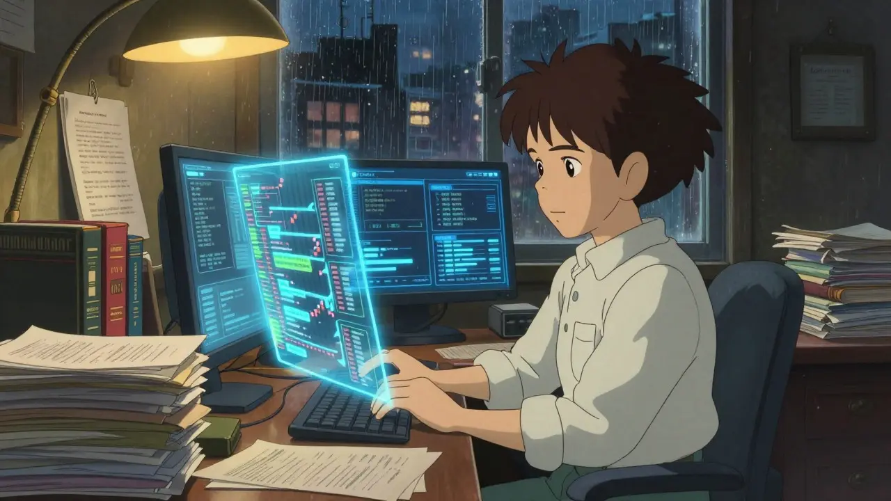 Compliance officer working diligently amidst paperwork and digital security monitors.