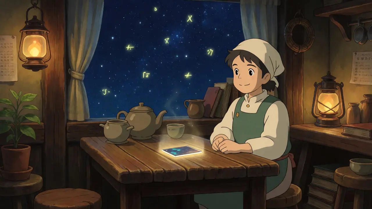 Cozy room with a glowing NFT card and starry sky outside representing security
