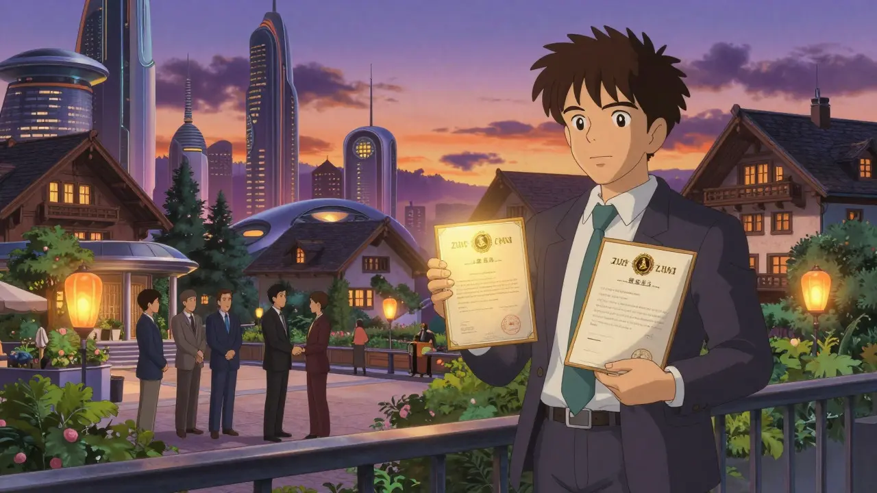 Entrepreneur holding a glowing license in a futuristic Swiss cityscape.