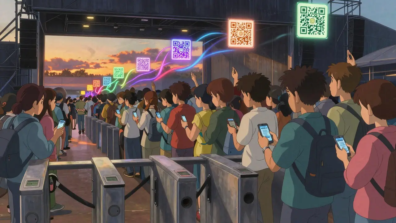 Fans entering venue with dynamic light QR codes replacing paper tickets