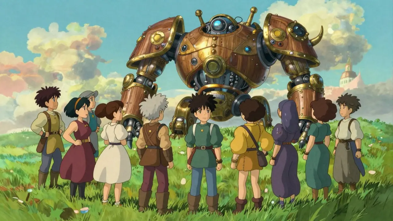 Fantasy characters preparing for a battle against a wooden mechanical beast