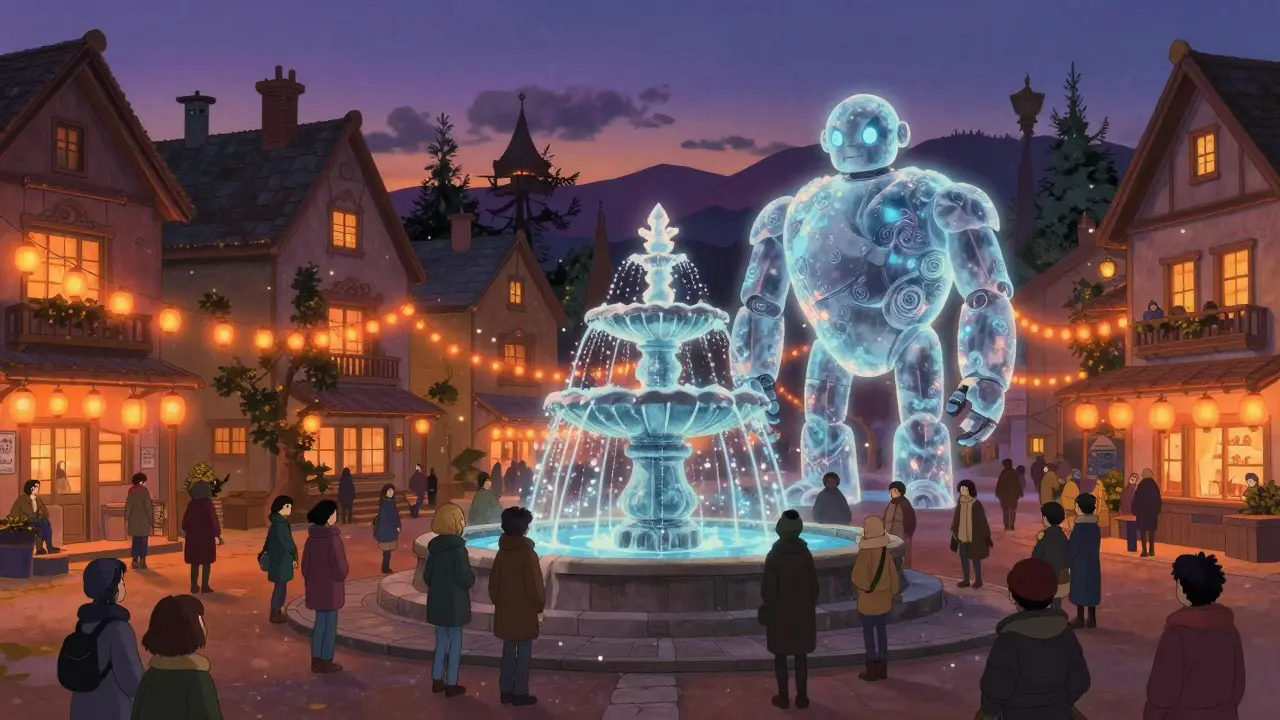 Festive town square with digital particles and lanterns in anime art