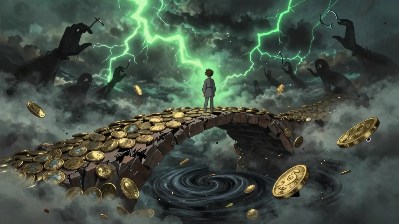 Figure on a crumbling coin bridge above a scam-filled abyss.