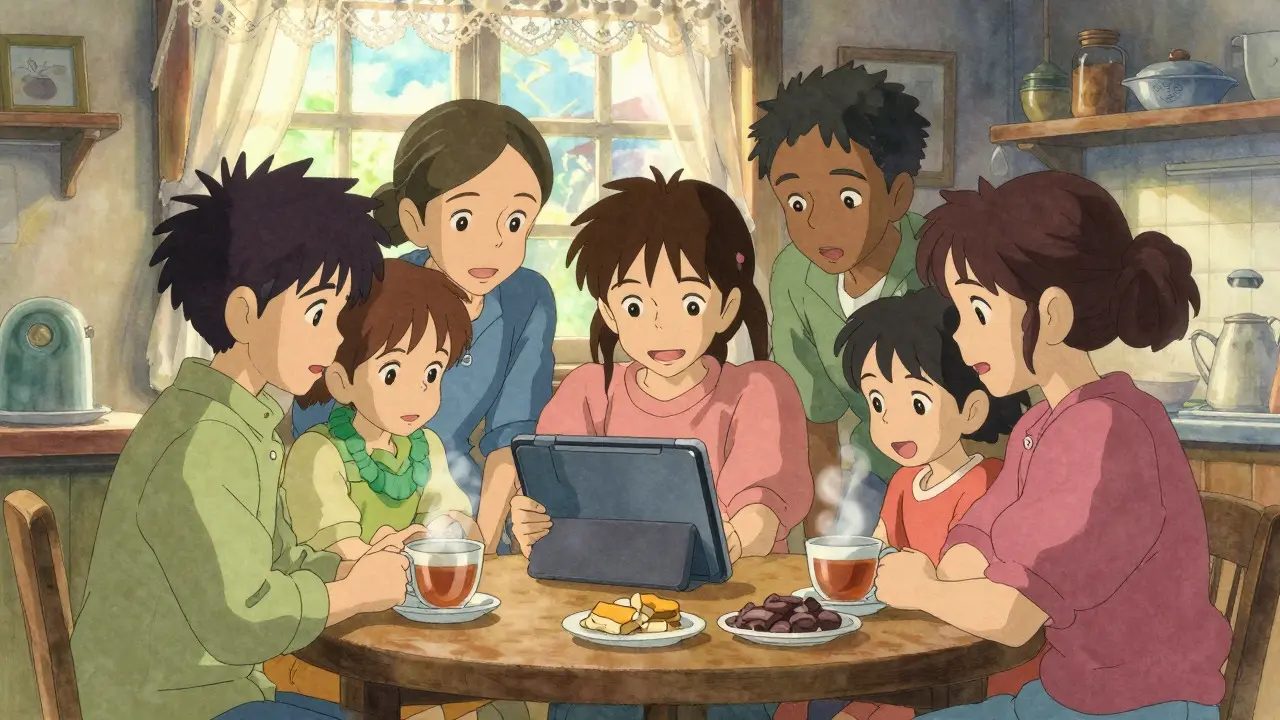 Friends gathering around tablet for crypto education, warm Ghibli aesthetic