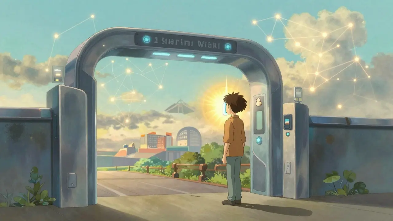Futuristic gate with biometric scanning and floating blockchain networks