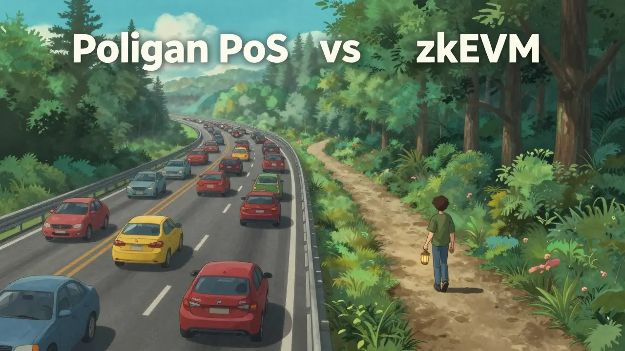 Ghibli-style art contrasting a busy highway with a quiet forest path, illustrating liquidity differences