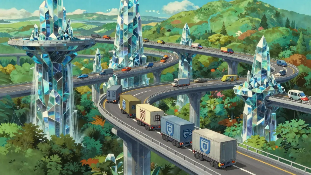 Ghibli style art of a crystal highway overpass separating fast traffic from a slower main road below.