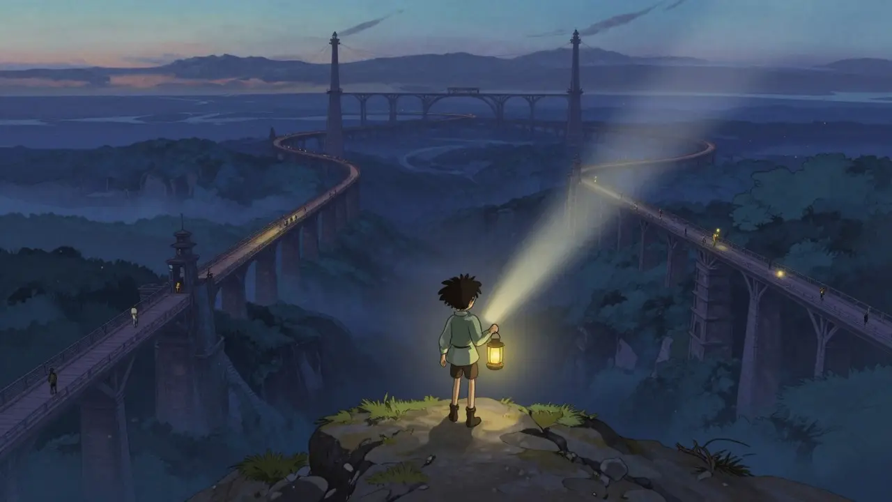Ghibli-style character holding a lantern illuminating a path across a vast network of bridges