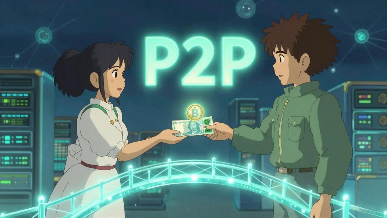 Ghibli style illustration of a magical peer-to-peer crypto exchange