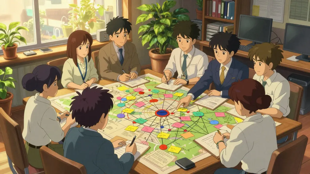 Ghibli-style illustration of a team analyzing a risk map in a sunlit office