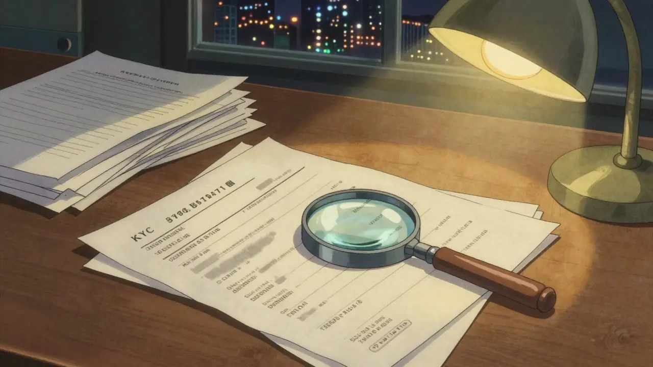 Ghibli-style office desk with blurred documents and a magnifying glass