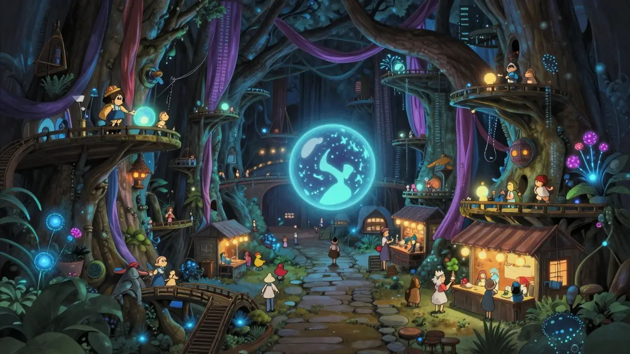 Ghibli-style view of a mystical tree-hollow marketplace with glowing trading orbs and organic architecture