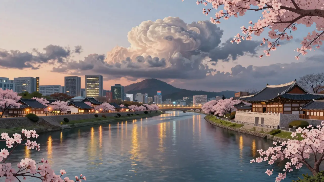Ghibli-style view of the Han River at twilight with city lights