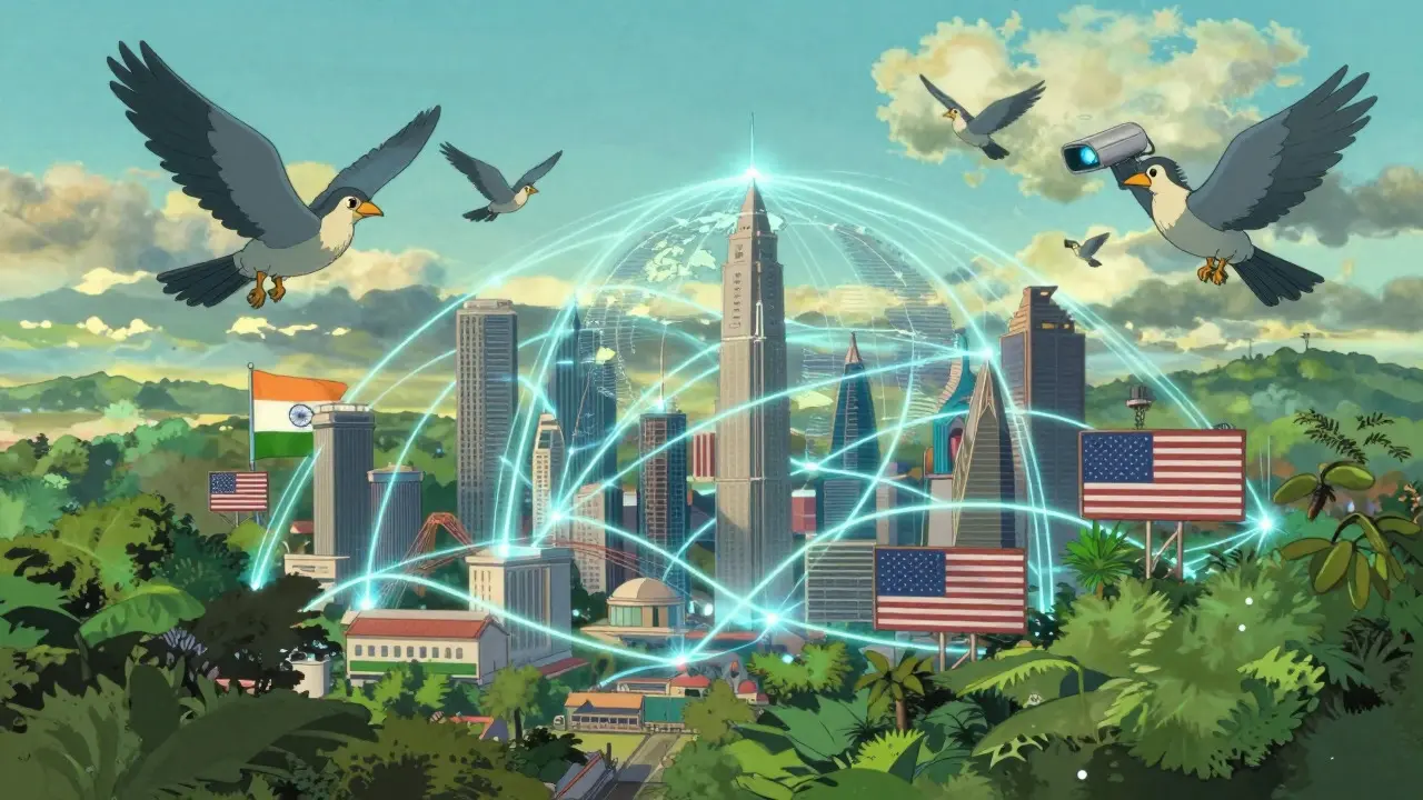 Global crypto network monitored by mechanical birds in Studio Ghibli style