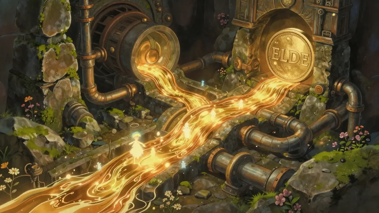 Golden liquid flowing through a stone network representing an economic cycle