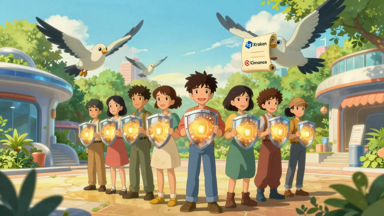 Group standing safely in a bright plaza with protective shields.