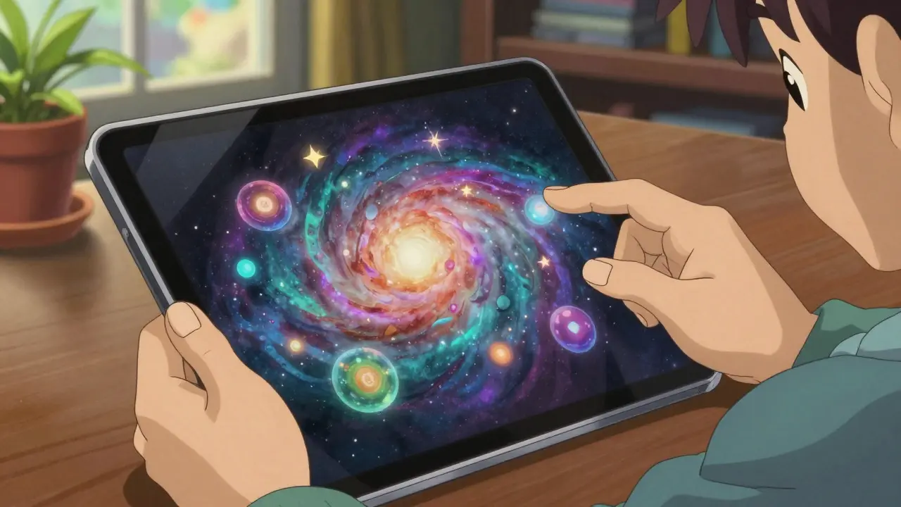 Hands holding a tablet displaying a colorful galaxy of cryptocurrency tokens
