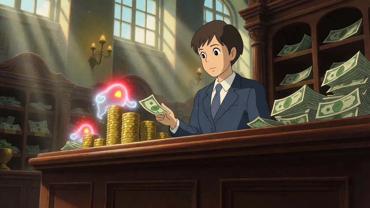 Magical banking hall where crypto coins freeze into ice during inspection