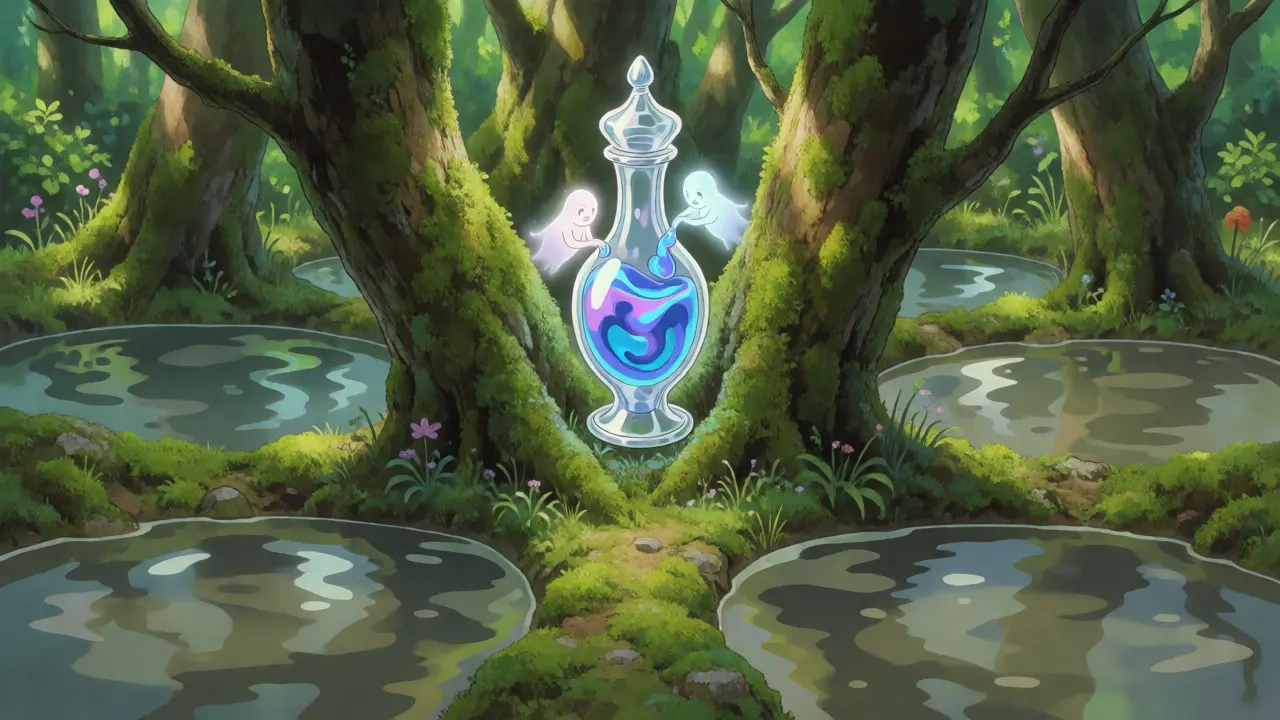 Magical forest scene with spirits concentrating glowing liquid into a precise vial