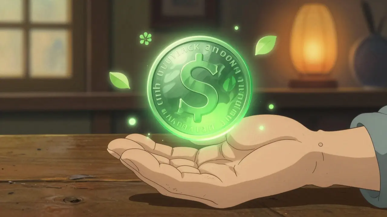 Magical glowing coin hovering over a wooden table in a warm, Ghibli-style interior