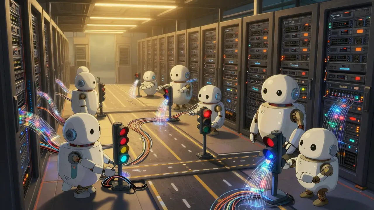 Magical robots building digital infrastructure roads in warm server room