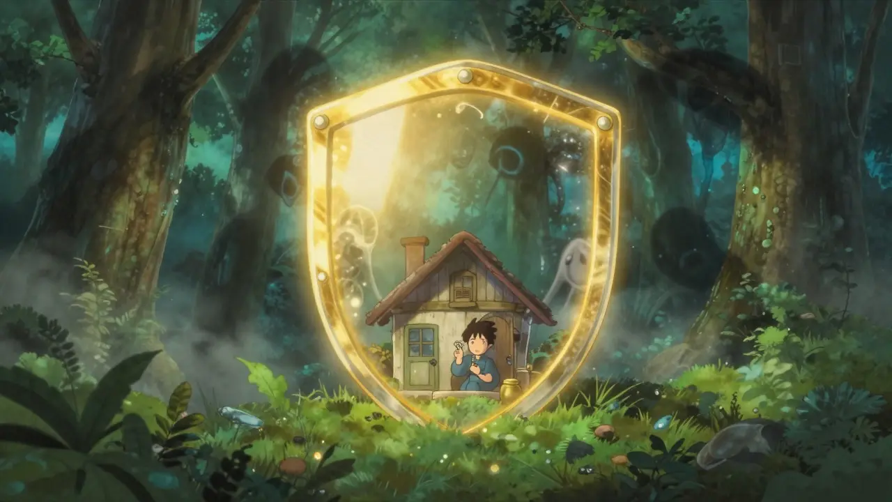 Magical shield protecting house from dark shadows