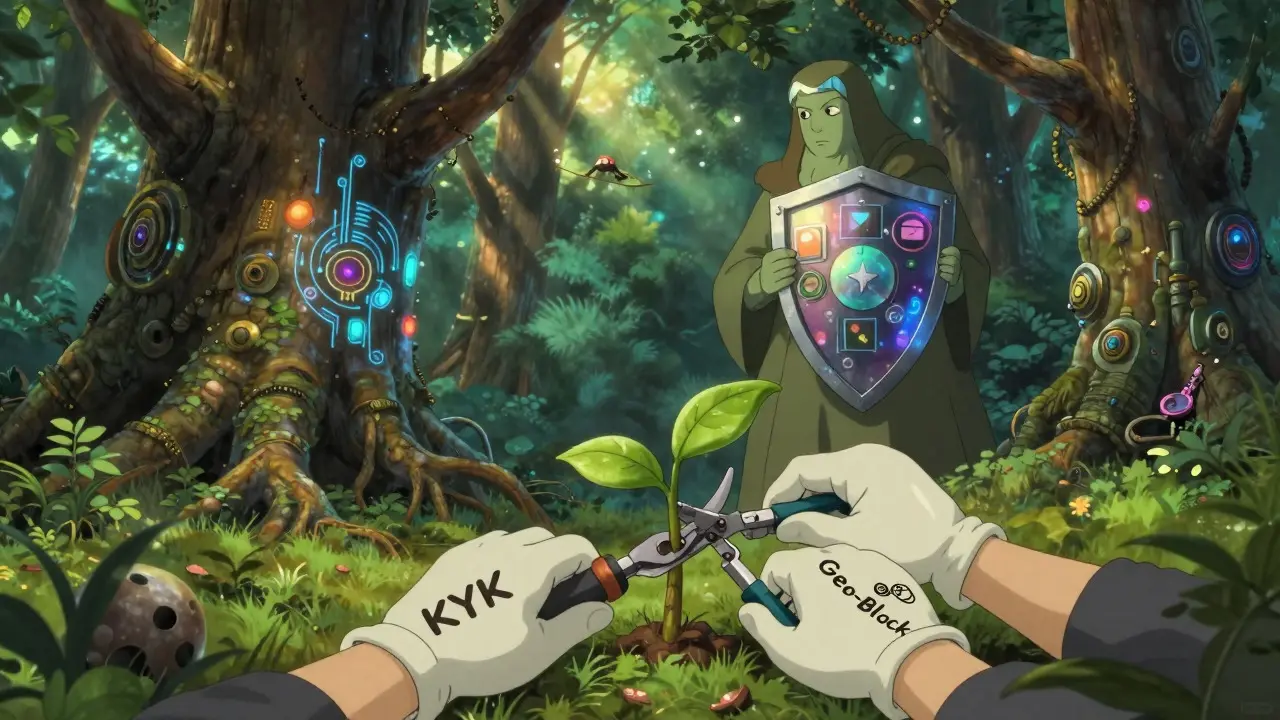 Mystical forest where DeFi trees are pruned by compliance guardians