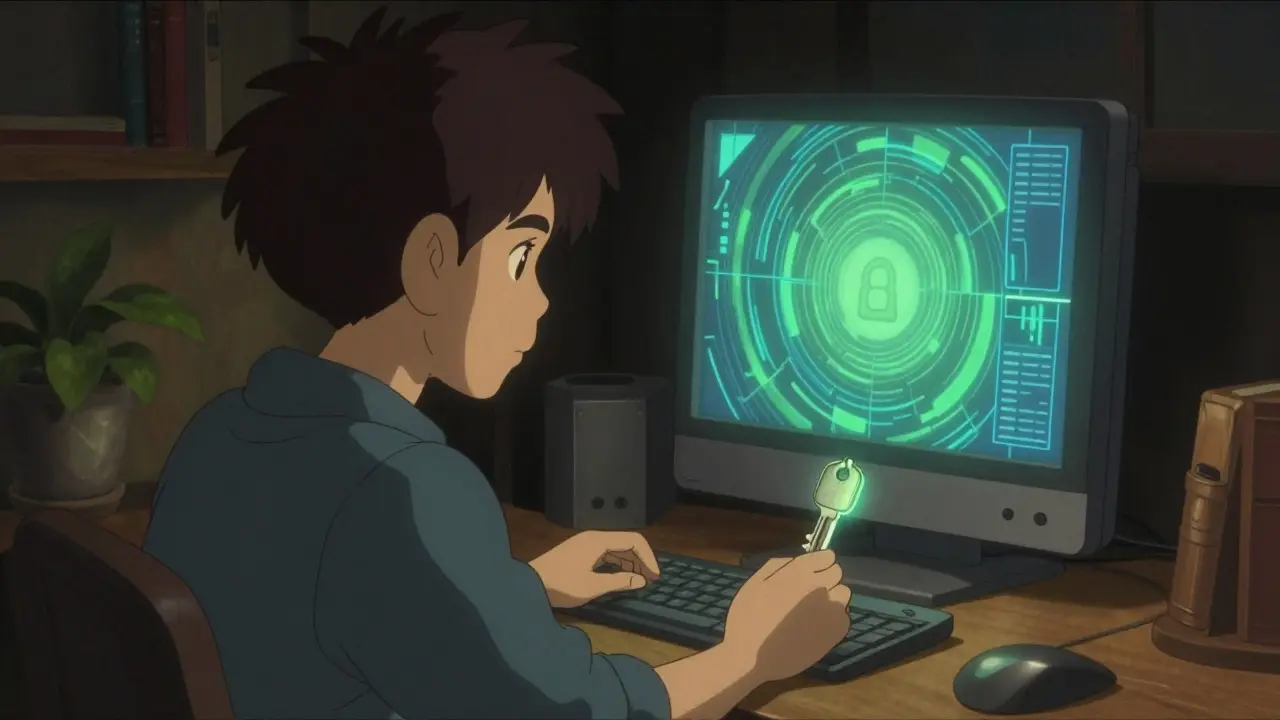 Person checking crypto wallet on glowing screen in anime style
