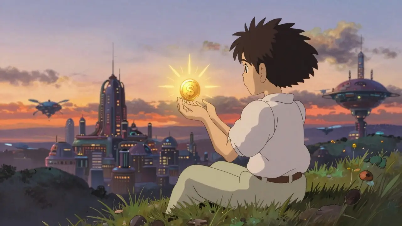 Person holding a glowing token on a hill at sunset