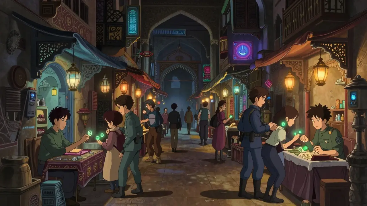 Secretive underground market scene showing users adapting via decentralized crypto networks.