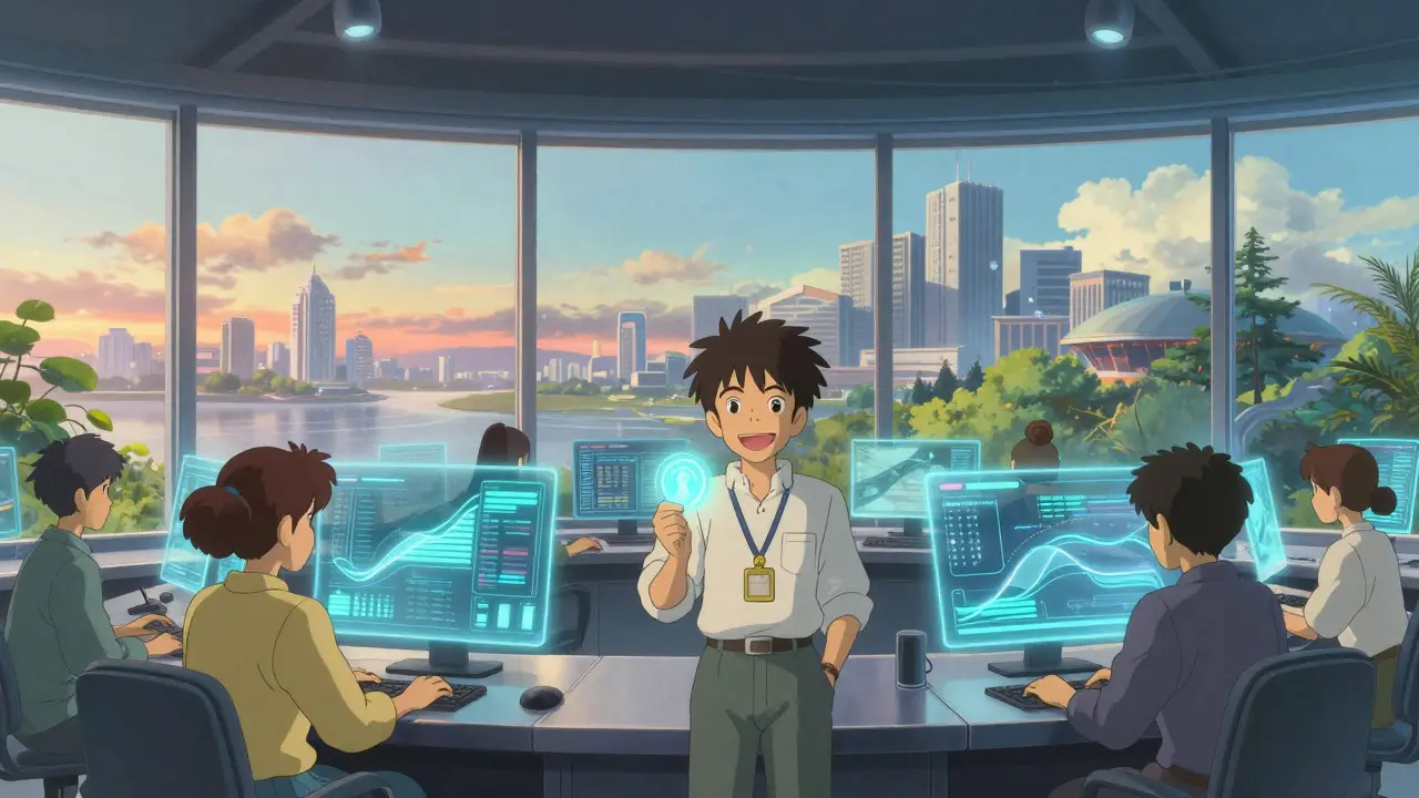 Serene control room showing harmonious tech and trust in 2026
