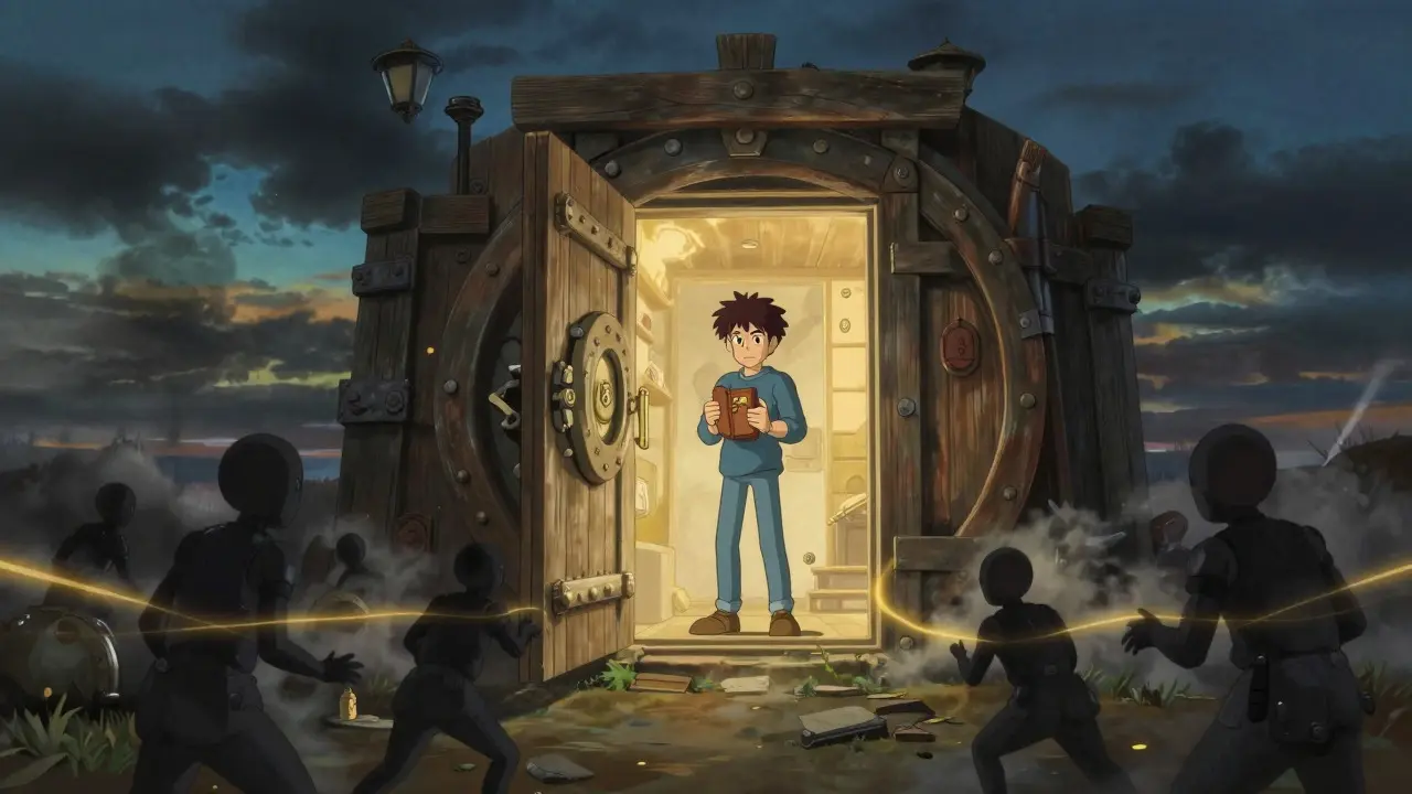 Studio Ghibli art of a secure crypto vault protecting digital assets