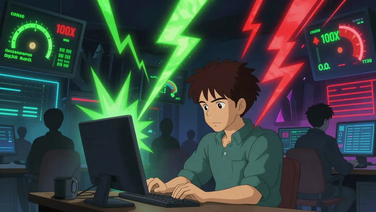 Studio Ghibli style scene of a trader navigating volatile markets with high leverage.