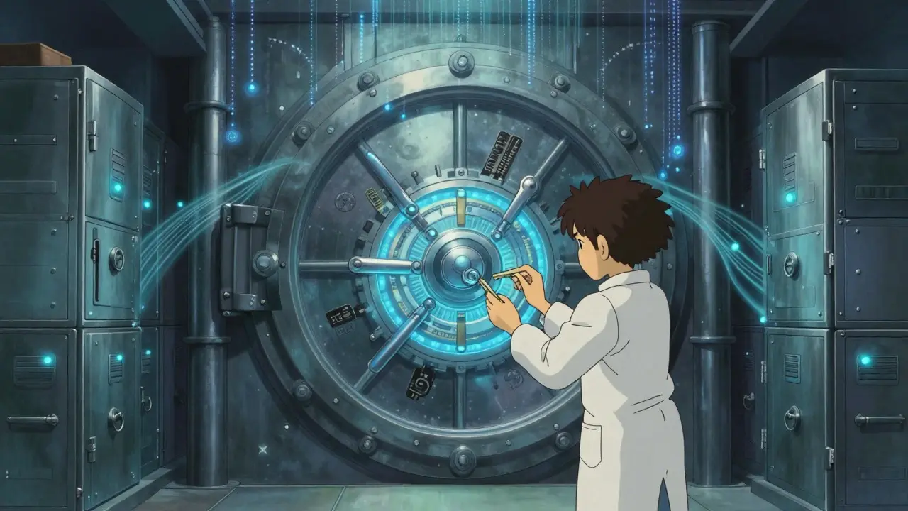Technician securing digital assets in a stylized cold storage vault.