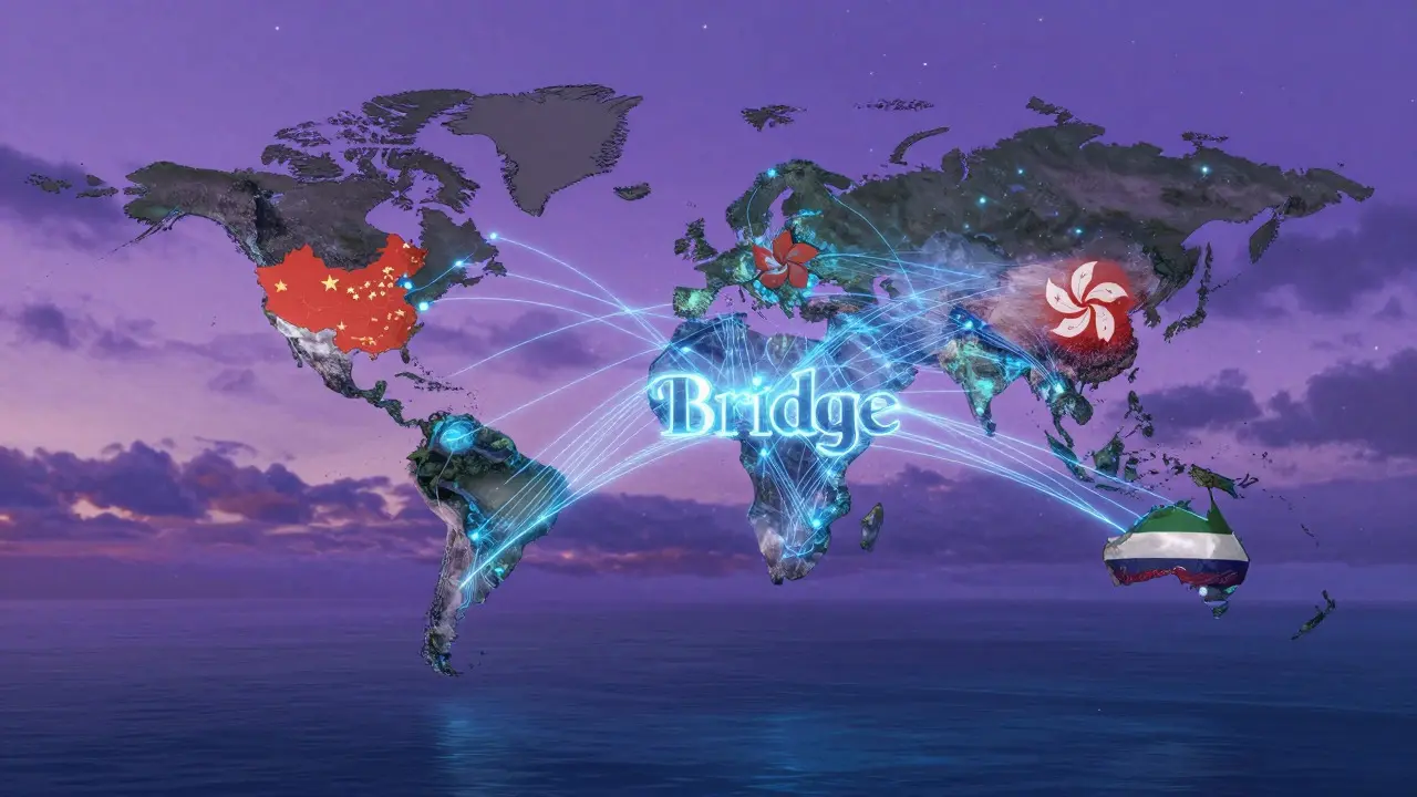 Whimsical Ghibli art of glowing data bridges connecting floating islands.