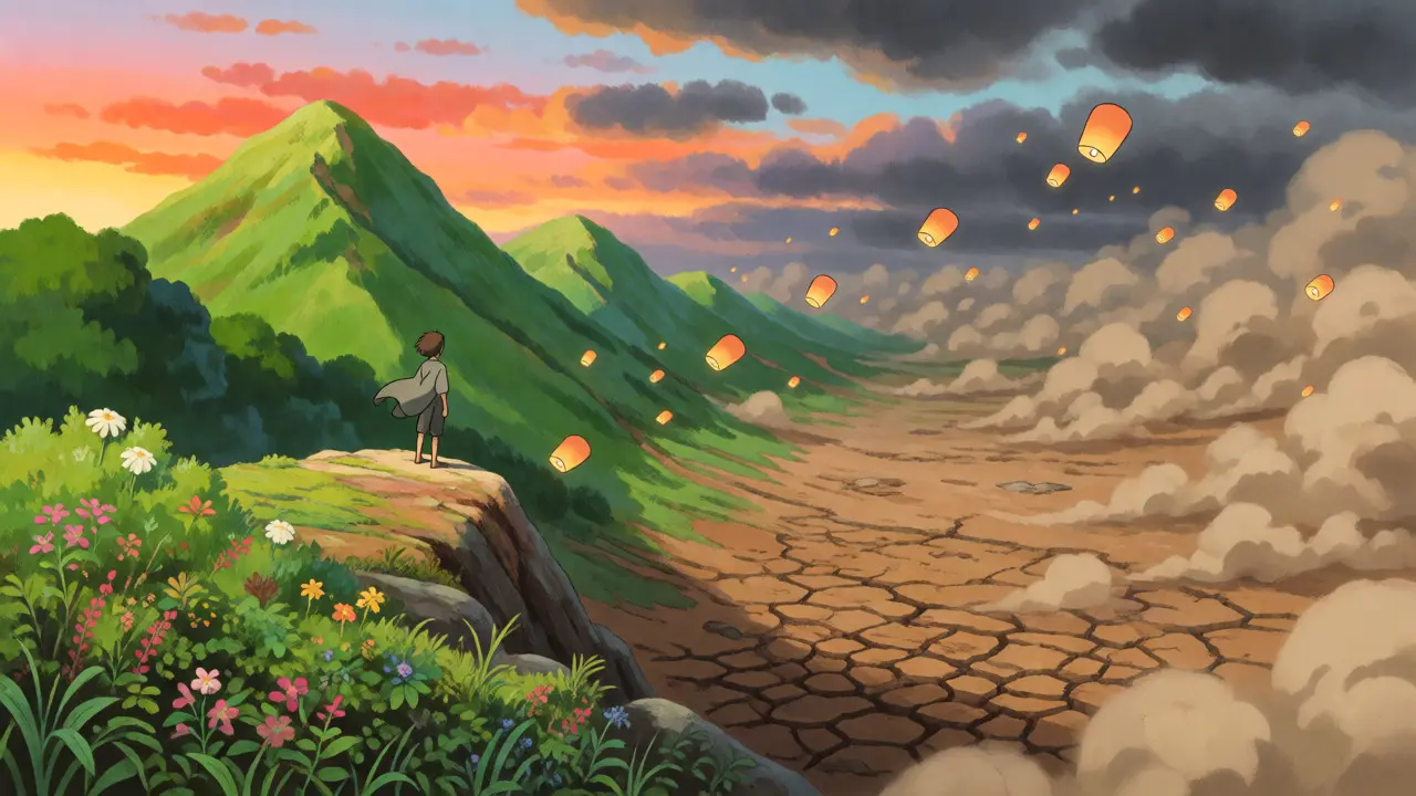 A character views a valley shifting from green peaks to barren dust, symbolizing price crashes.