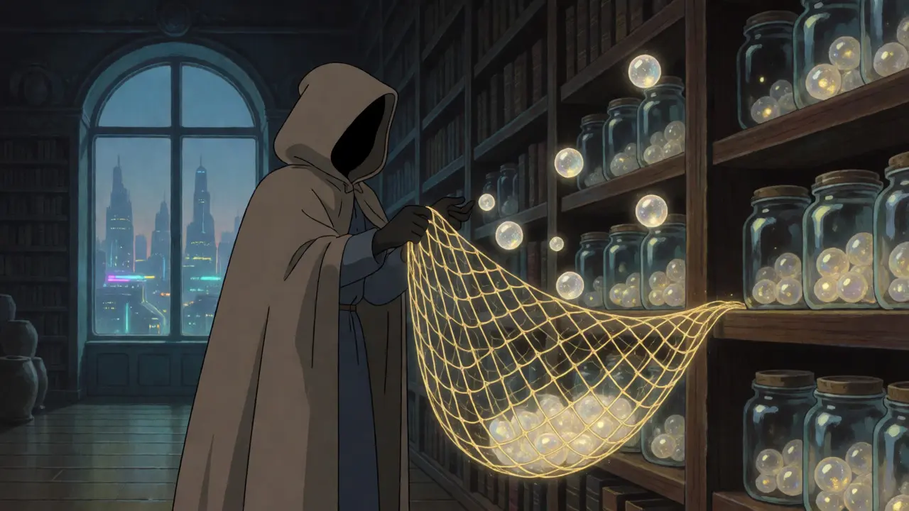 A cloaked figure collects glowing data orbs into jars in a dark archive room.