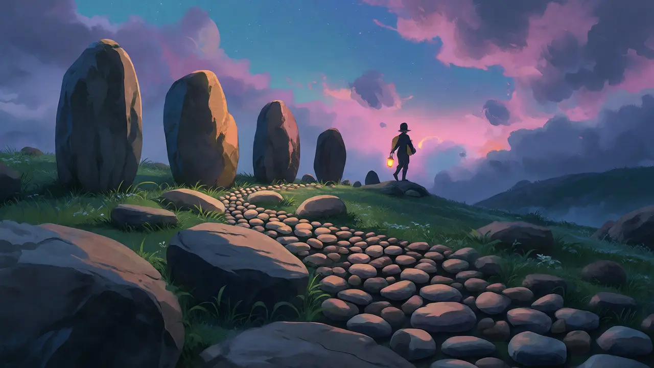 A figure walking a stone path uphill, representing consistent investment steps.