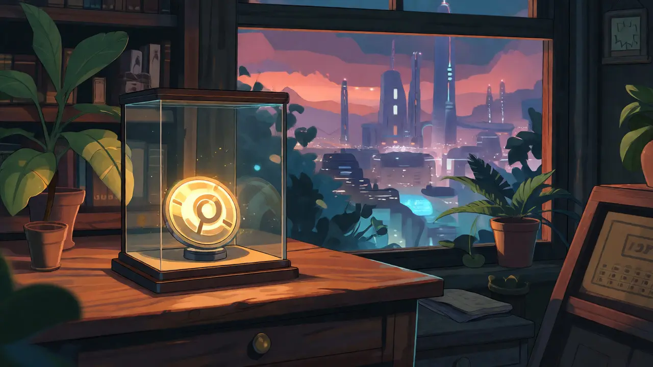 A glowing token in a glass case on a desk, viewed against a twilight city backdrop, representing collection.