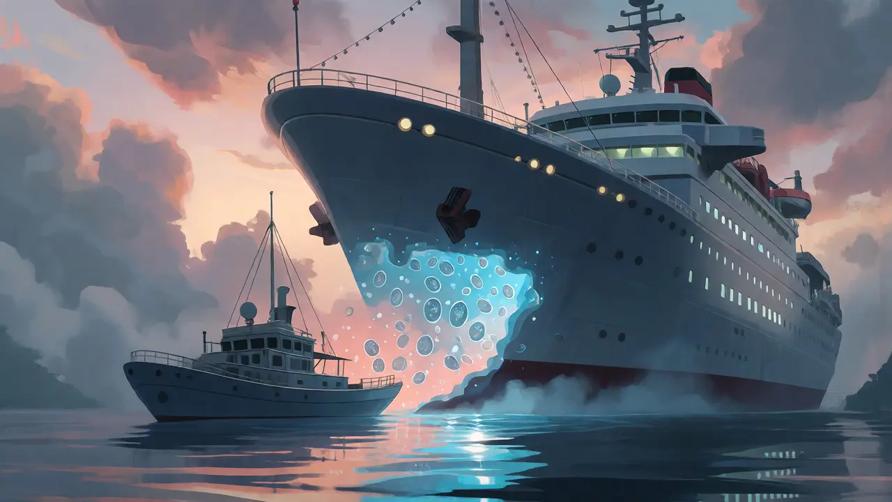 A large ship merging with a smaller boat in a misty harbor at dawn, symbolizing acquisition.