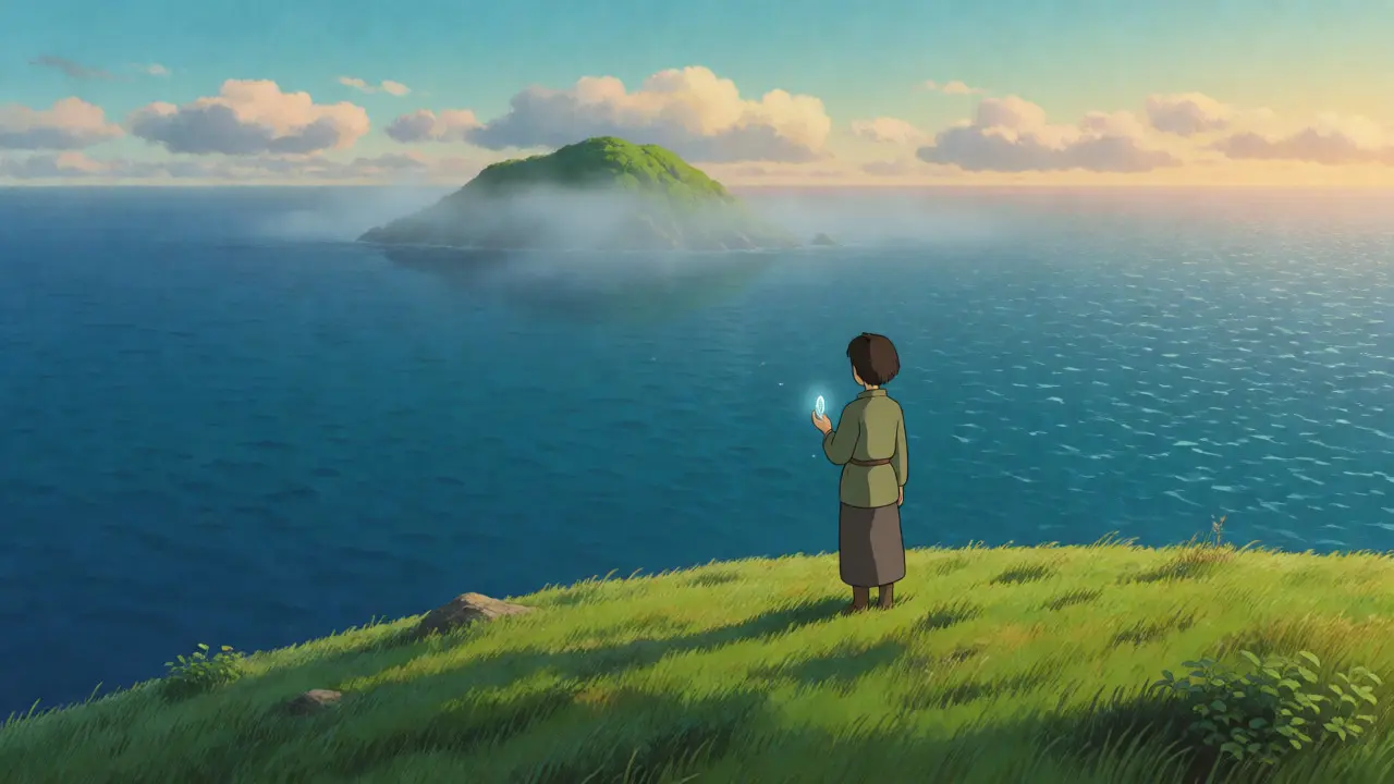 A lone figure stands on a hill holding a glowing key, facing a vast, misty decentralized ocean.