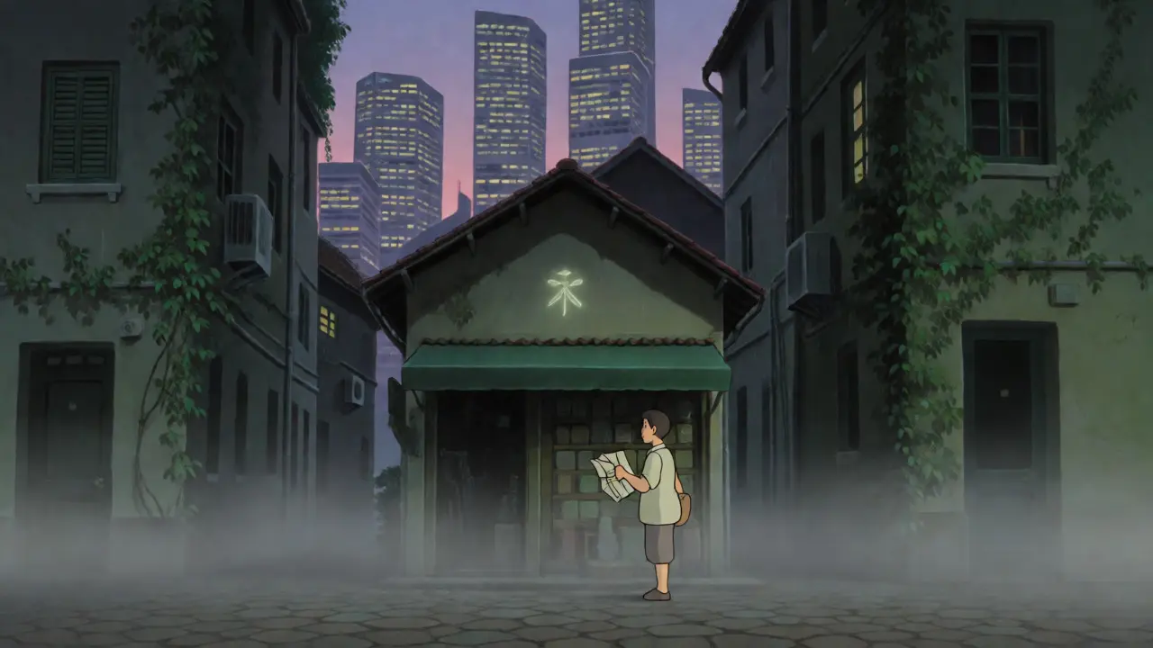 A lone traveler faces an anonymous, foggy shop in a stylized Singapore street, anime art.